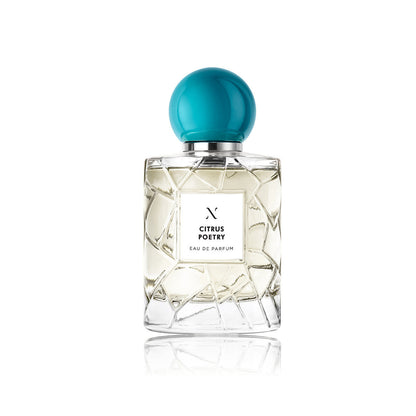 Citrus Poetry Eau de Parfum by Les Sœurs de Noé luxury glass perfume bottle with turquoise cap isolated on white background