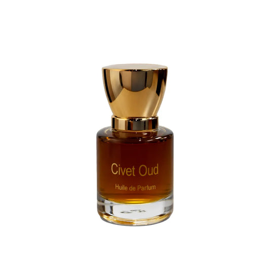Civet Oud huile de parfum bottle with rich amber liquid and gold cap on clean white background