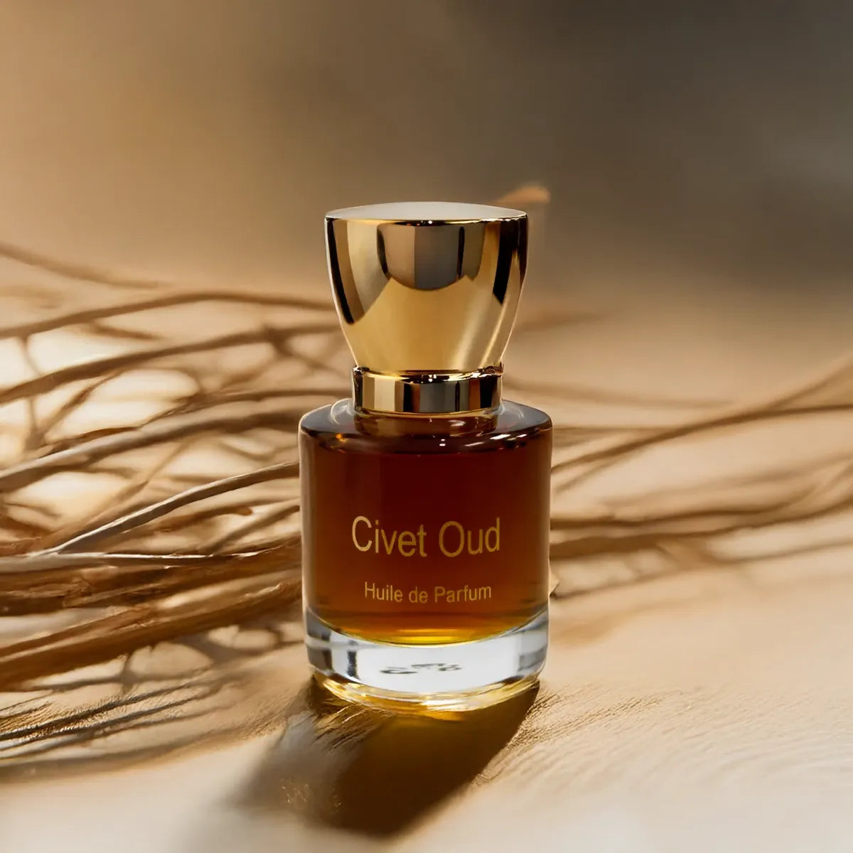 Civet Oud huile de parfum bottle with warm amber tones and branch shadows on soft beige background