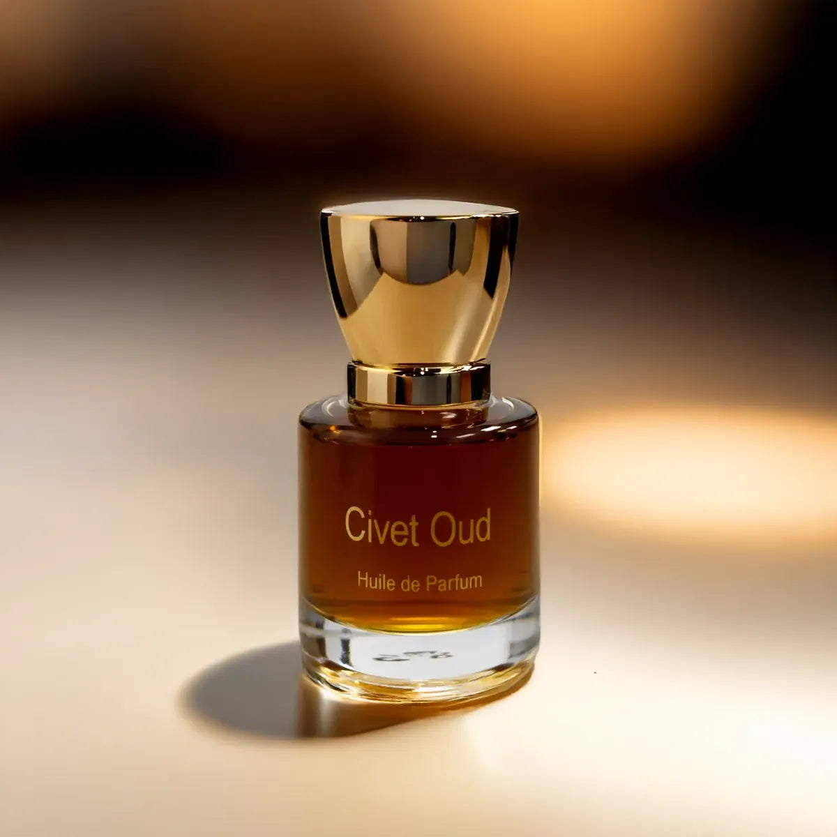 Civet Oud fragrance bottle highlighted in warm golden lighting with soft gradient background