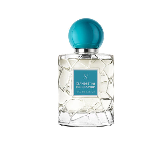 Clandestine Rendez-Vous Eau de Parfum by Les Sœurs de Noé luxury glass perfume bottle with turquoise cap isolated on white background