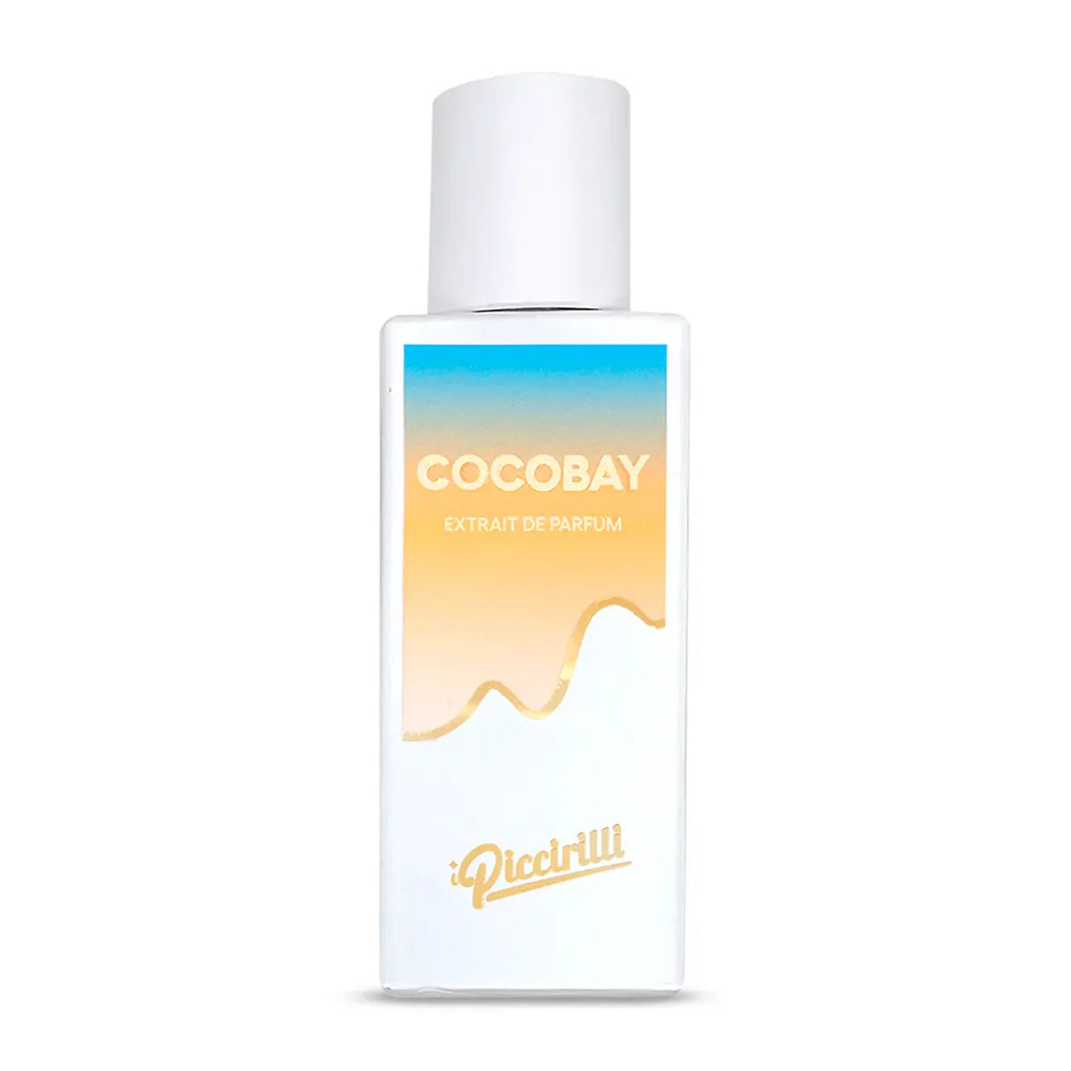 Cocobay Extrait de Parfum by iPiccirilli fragrance bottle with white cap and gradient sunset label design
