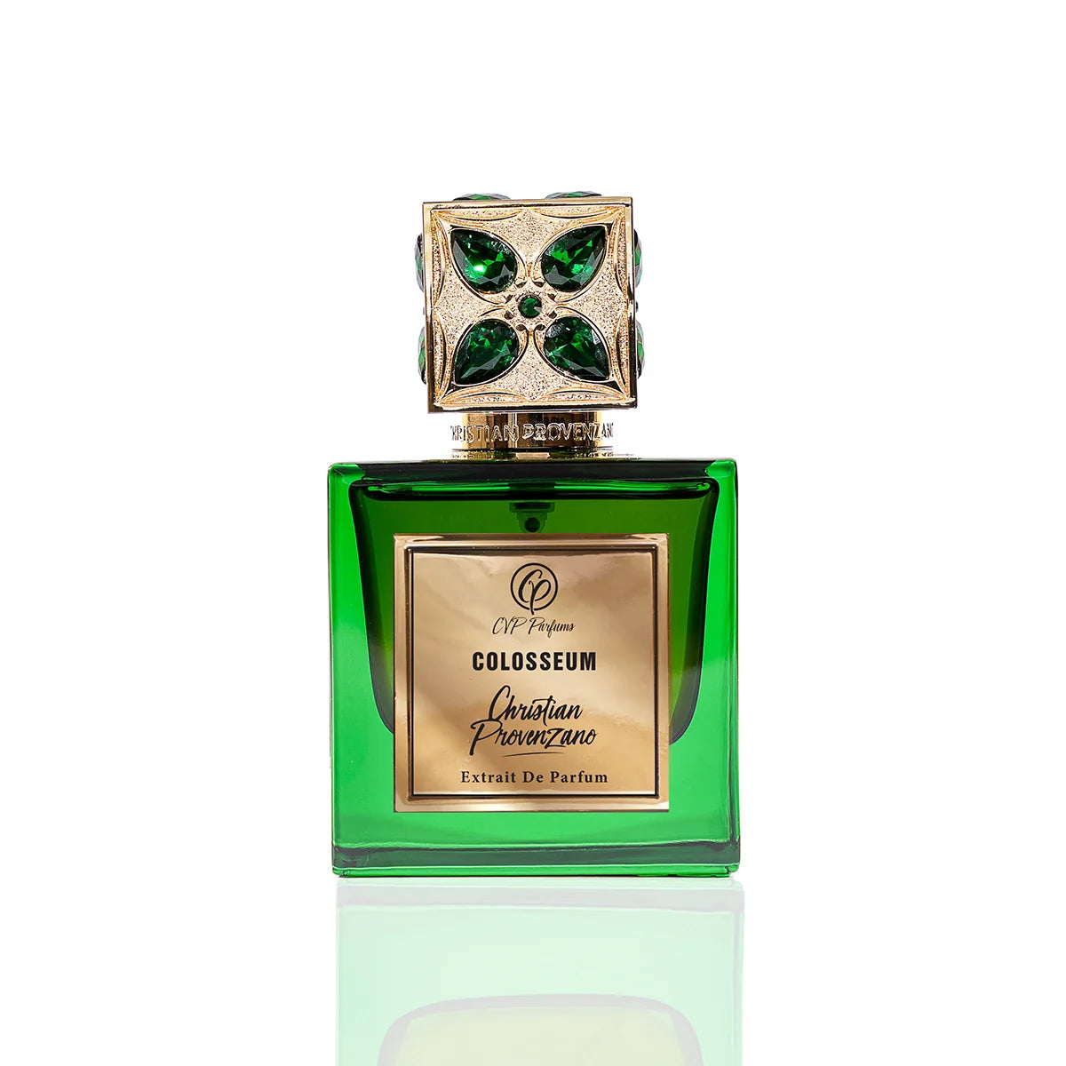 Christian Provenzano Colosseum Extrait de Parfum in emerald green glass bottle with gold label and ornate gemstone cap
