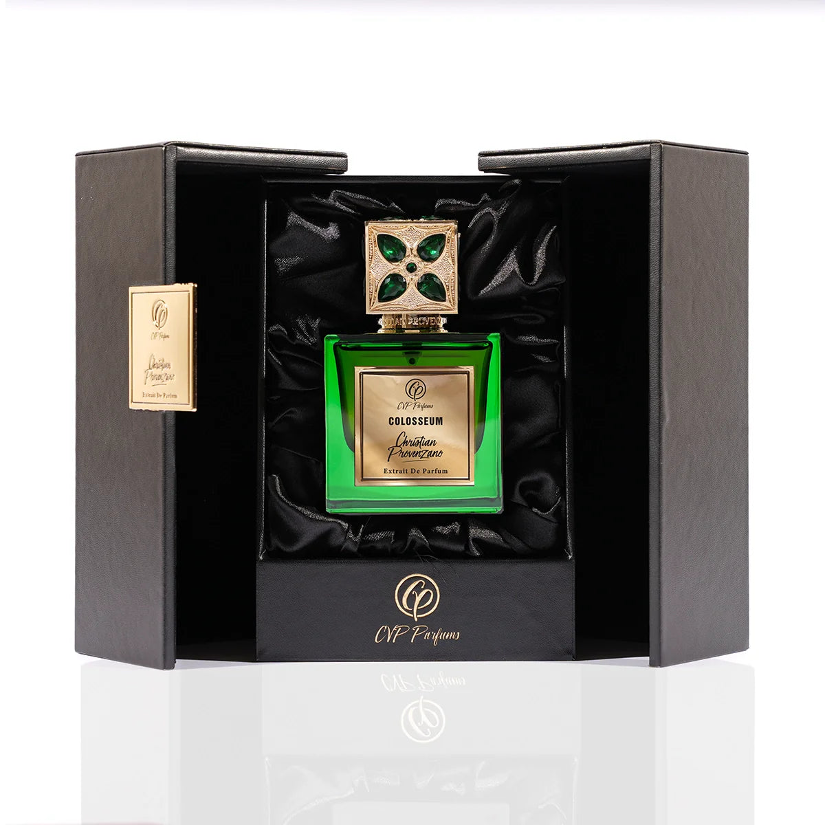 Christian Provenzano Colosseum Extrait de Parfum displayed in a premium black box with satin interior and emerald green bottle