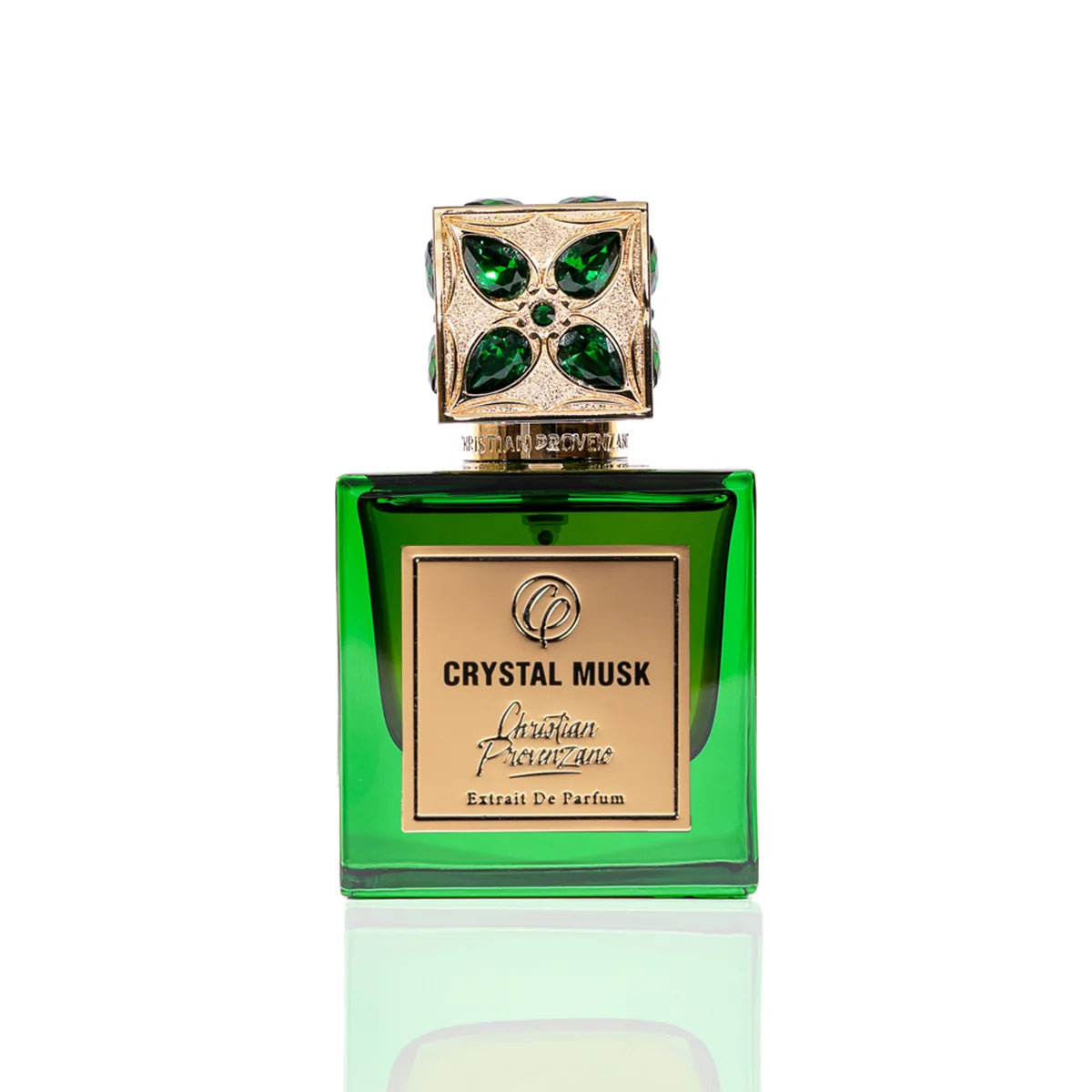 Christian Provenzano Crystal Musk Extrait de Parfum in emerald green glass bottle with gold label and ornate gemstone cap