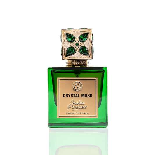 Christian Provenzano Crystal Musk Extrait de Parfum in emerald green glass bottle with gold label and ornate gemstone cap