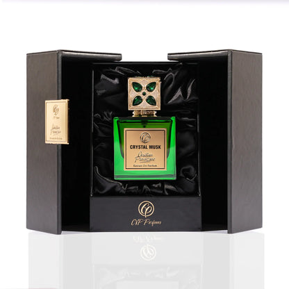 Christian Provenzano Crystal Musk Extrait de Parfum presented in a luxury black box with satin lining and emerald green bottle
