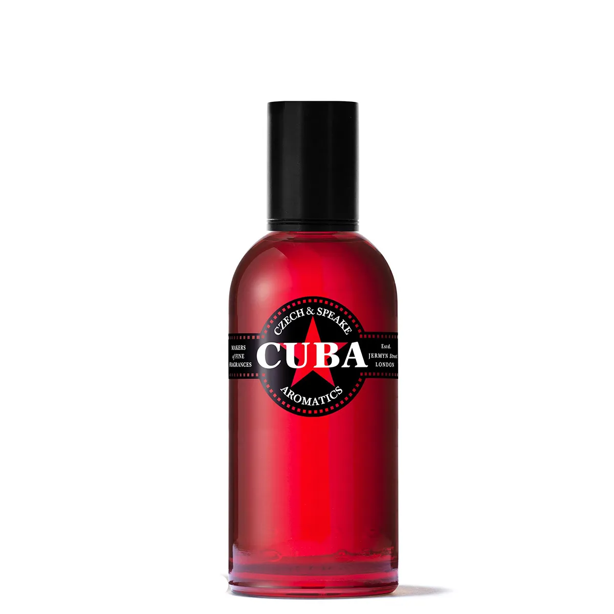 Czech & Speake Cuba Aromatics perfume bottle in bold red glass with star label, luxury niche fragrance from London inspired by rich tobacco, spice, and warm woody notes