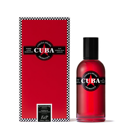 Czech & Speake Cuba Aromatics Eau de Parfum red glass fragrance bottle with warm sunlight shadows, luxury niche perfume inspired by Cuban tobacco, spices, and rich woody accords