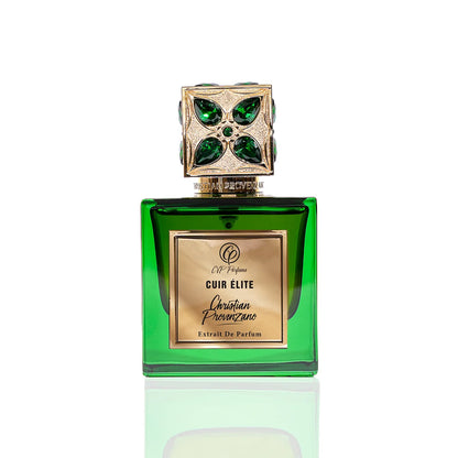 Christian Provenzano Cuir Élite Extrait de Parfum in emerald green glass bottle with gold label and ornate gemstone cap