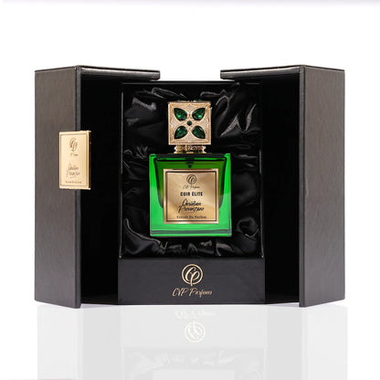 Christian Provenzano Cuir Élite Extrait de Parfum displayed in a premium black box with satin interior and emerald green bottle