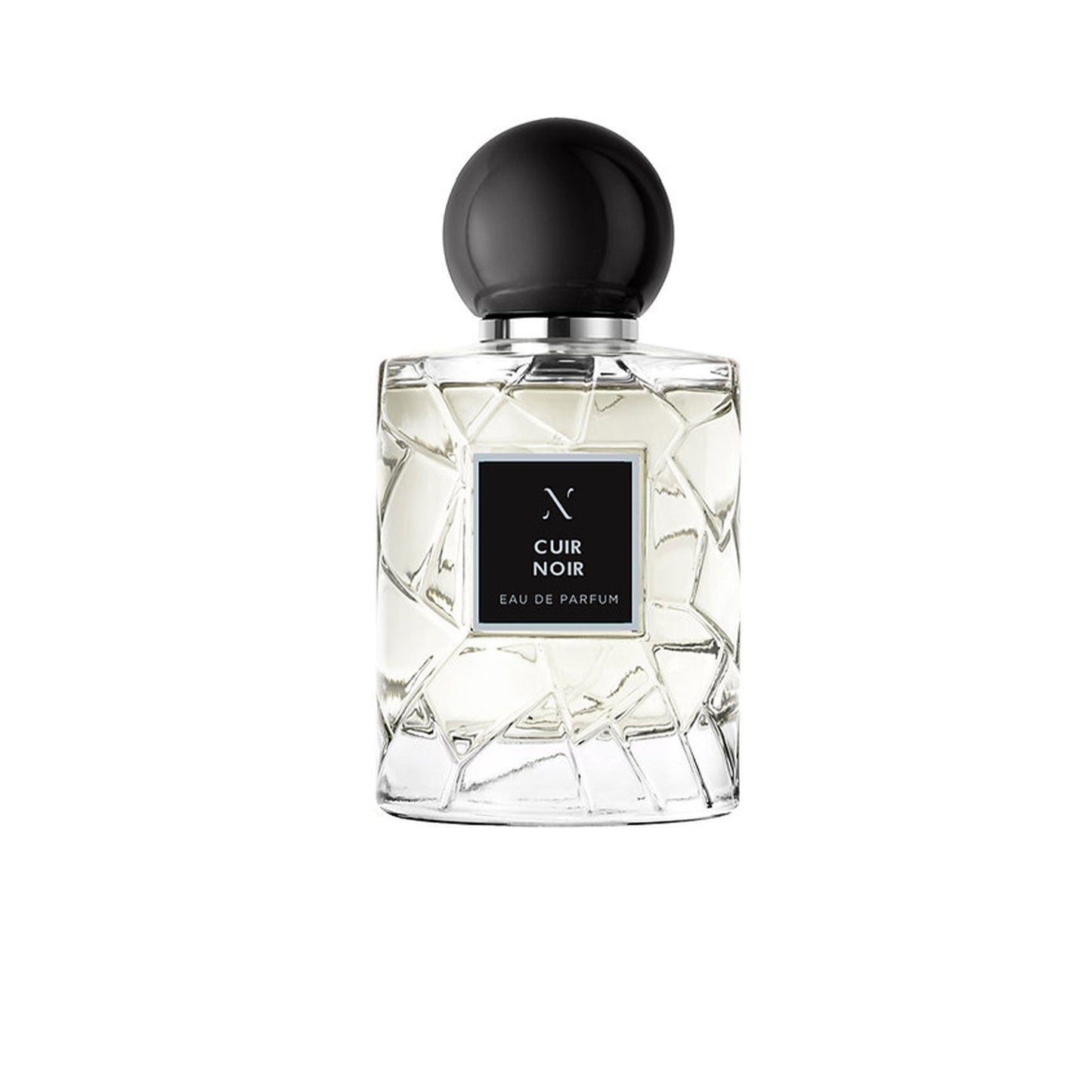 Cuir Noir Eau de Parfum Black Edition by Les Sœurs de Noé luxury glass perfume bottle with black cap isolated on white background