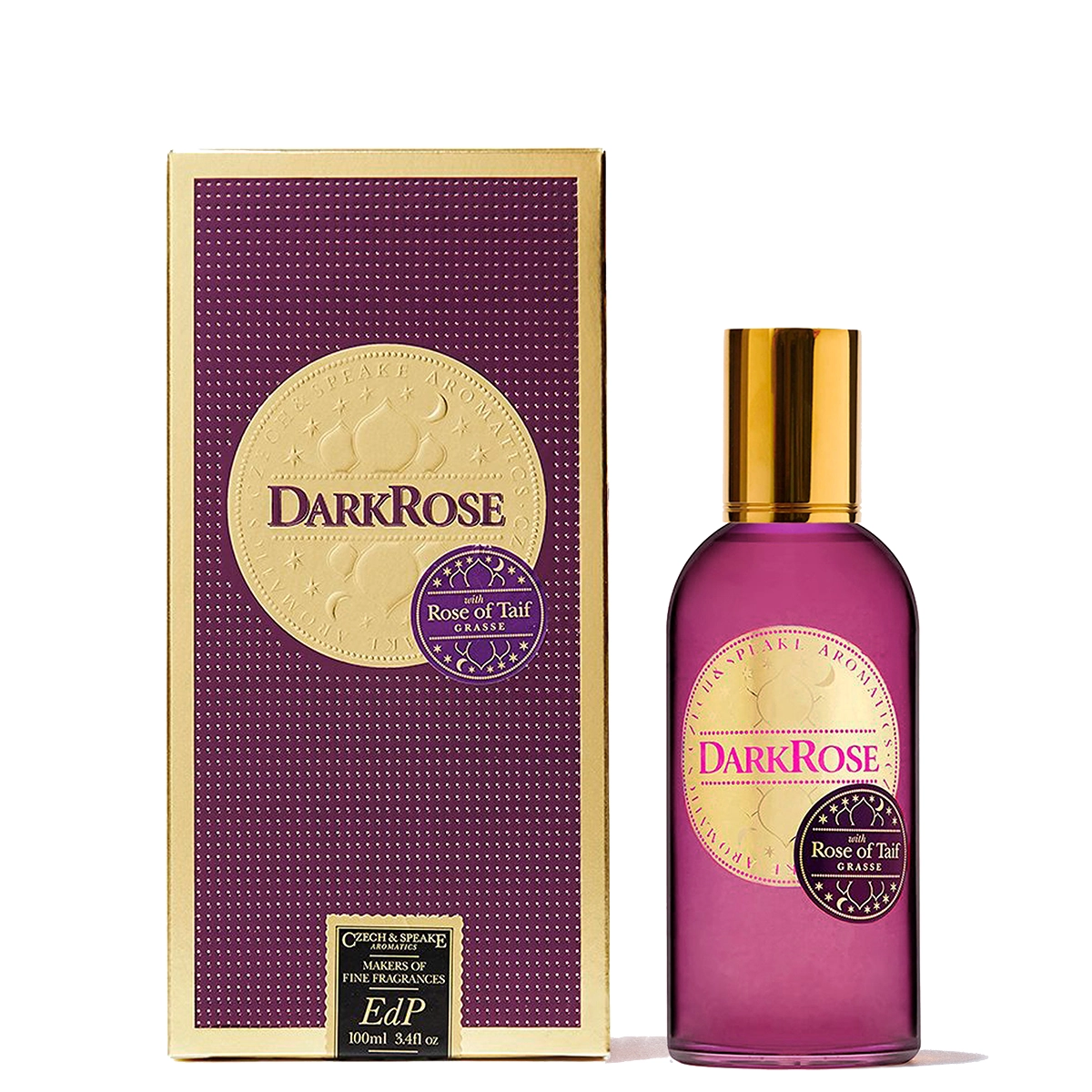 Czech & Speake Dark Rose Eau de Parfum with luxury purple and gold packaging, niche rose fragrance featuring Rose of Taif from Grasse, elegant London perfume presentation