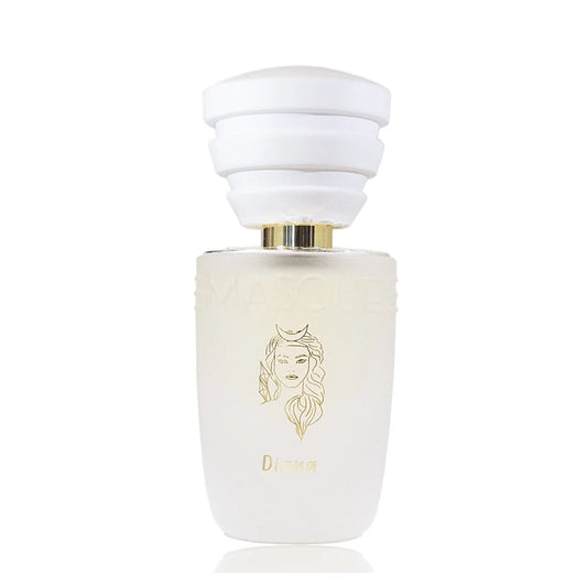 Diana by Masque Milano in a White perfume bottle with gold accents on a white background
