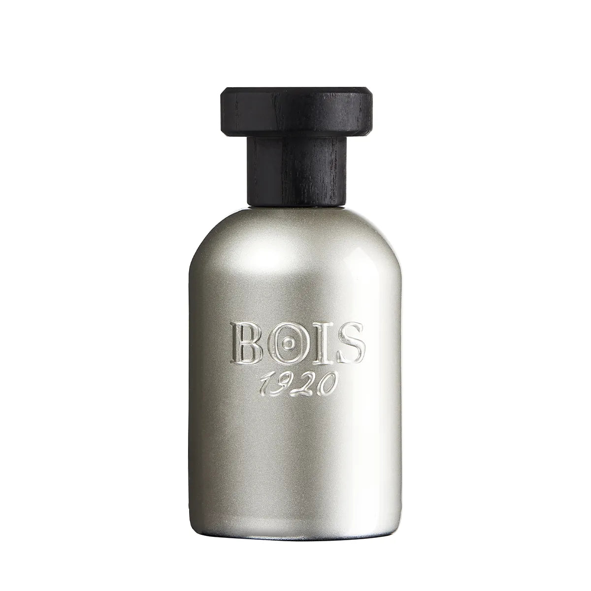 Bois 1920 Dolce Di Giorno perfume bottle with metallic silver finish and black cap.