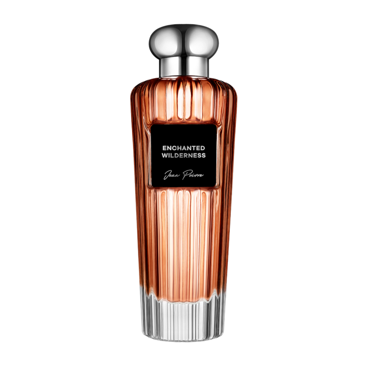 Enchanted Wilderness by Jean Poivre luxury amber glass perfume bottle with silver cap on black background