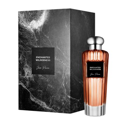 Enchanted Wilderness by Jean Poivre luxury perfume bottle with silver cap and black marble effect gift box packaging