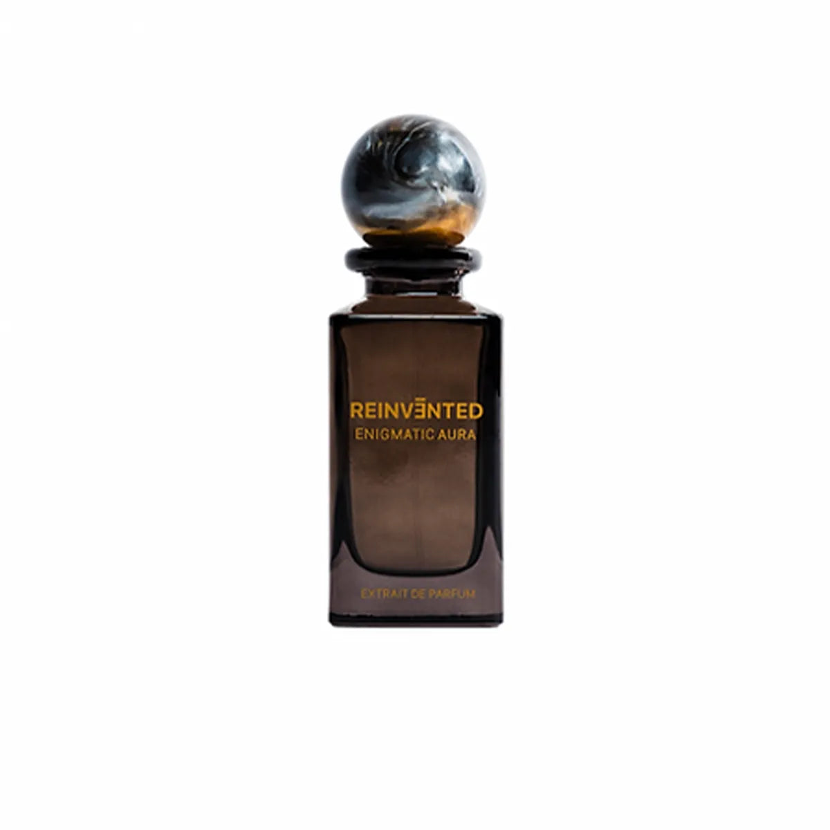 Reinvented Enigmatic Aura extrait de parfum luxury brown glass perfume bottle with marble sphere cap on white background