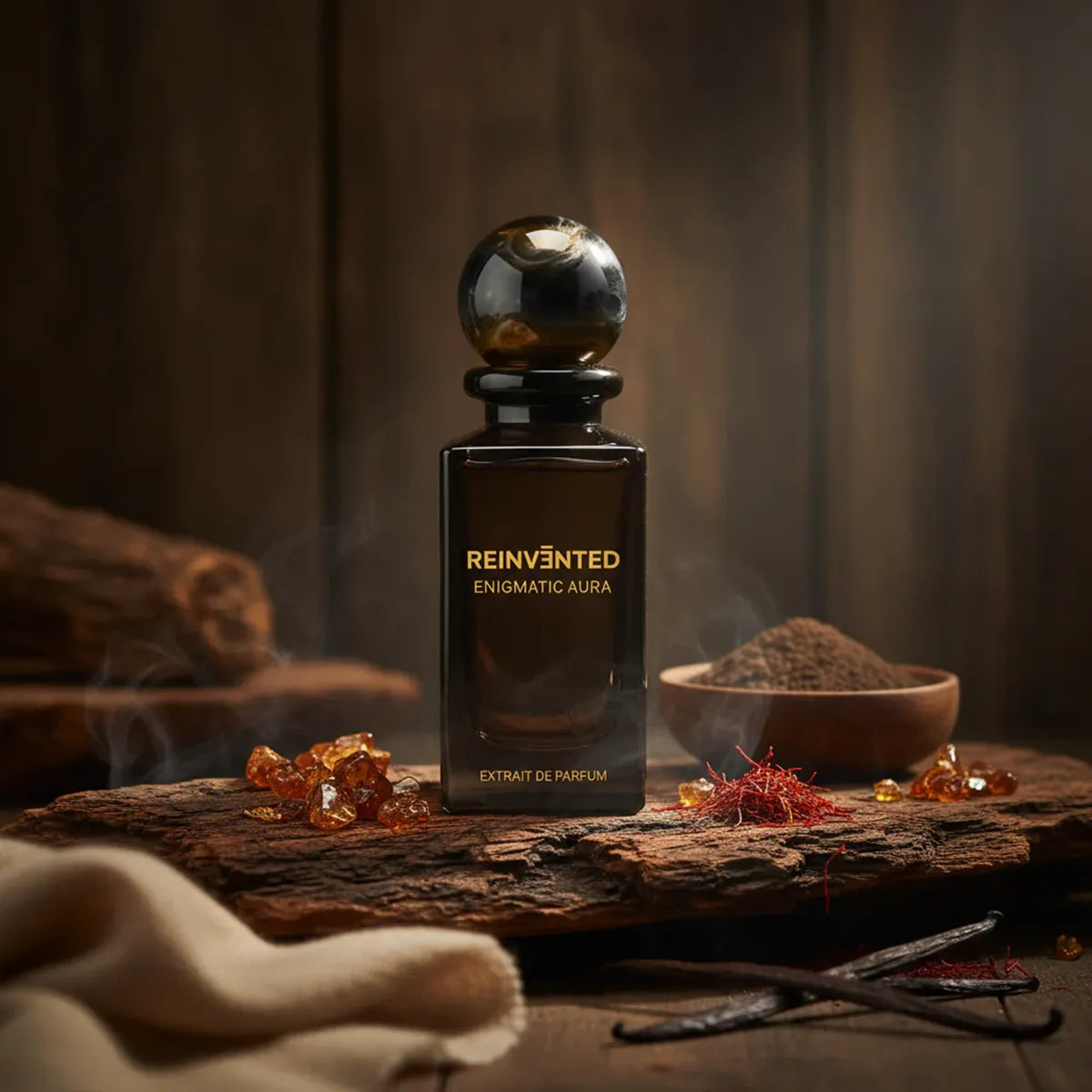 Perfume bottle labeled 'Reinvented Enigmatic Aura' on a wooden surface with spices and vanilla beans.