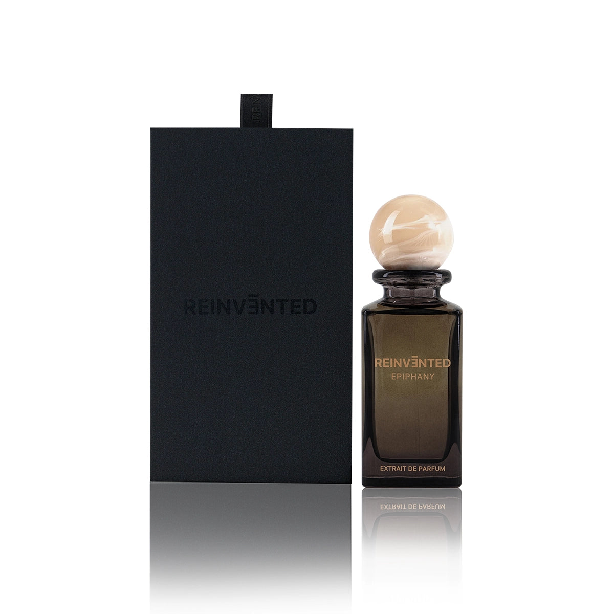 Reinvented Epiphany Extrait de Parfum with beige marble cap and luxury black box packaging niche fragrance