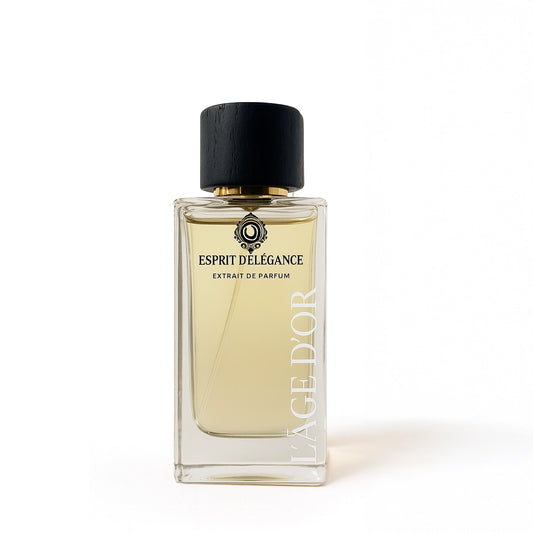 Esprit d’Élégance by L’Âge d’Or Extrait de Parfum bottle with black cap on white background
