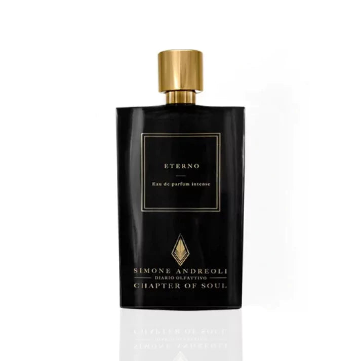Simone Andreoli Eterno Eau de Parfum Intense in glossy black bottle with gold cap and gold framed label on white background