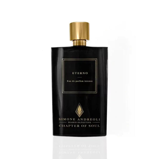 Simone Andreoli Eterno Eau de Parfum Intense in glossy black bottle with gold cap and gold framed label on white background