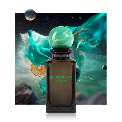 Reinvented Eureka Extrait de Parfum with green marble cap in surreal cosmic backdrop luxury niche fragrance