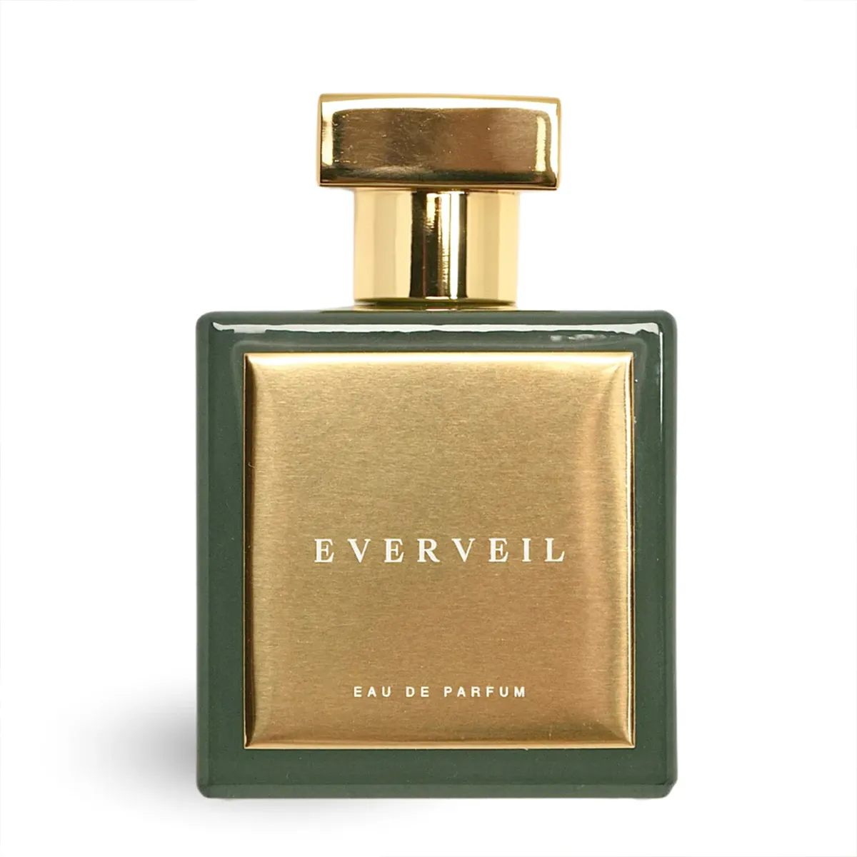 Everveil Eau de Parfum by House of Brandt luxury green and gold perfume bottle with metallic cap