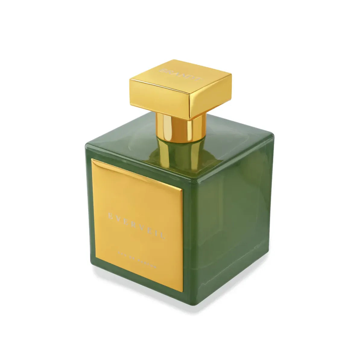 Everveil Eau de Parfum by House of Brandt elegant green glass perfume bottle with gold square cap and metallic front plate