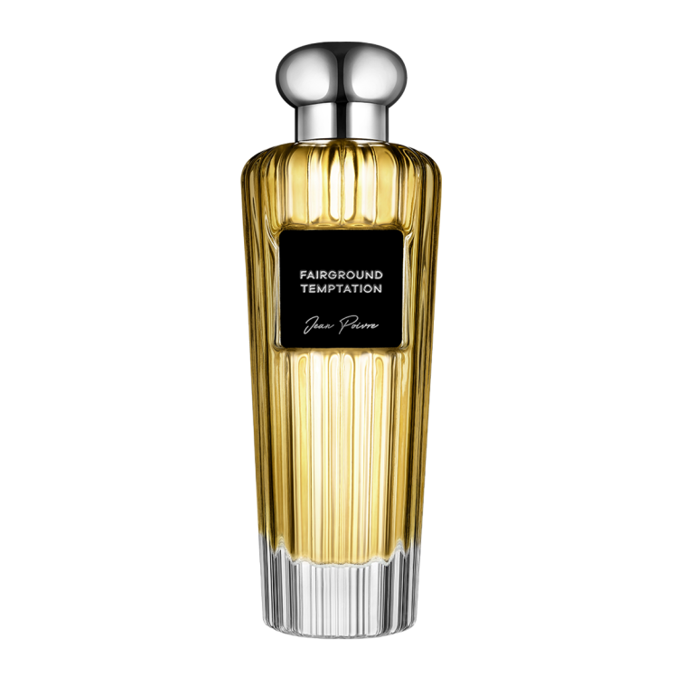 Fairground Temptation by Jean Poivre luxury golden perfume bottle with silver cap and black label on black background