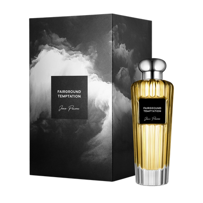 Fairground Temptation by Jean Poivre luxury golden perfume bottle with silver cap and matching cloud-themed gift box packaging