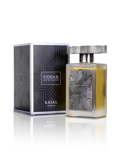 Fiddah by Kajal Eau de Parfum frosted glass perfume bottle with silver cap and modern geometric box packaging
