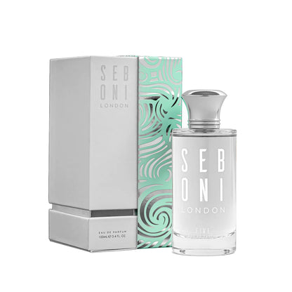 Seboni London Five Eau de Parfum bottle with matching silver box and mint green patterned packaging presented on a clean white background