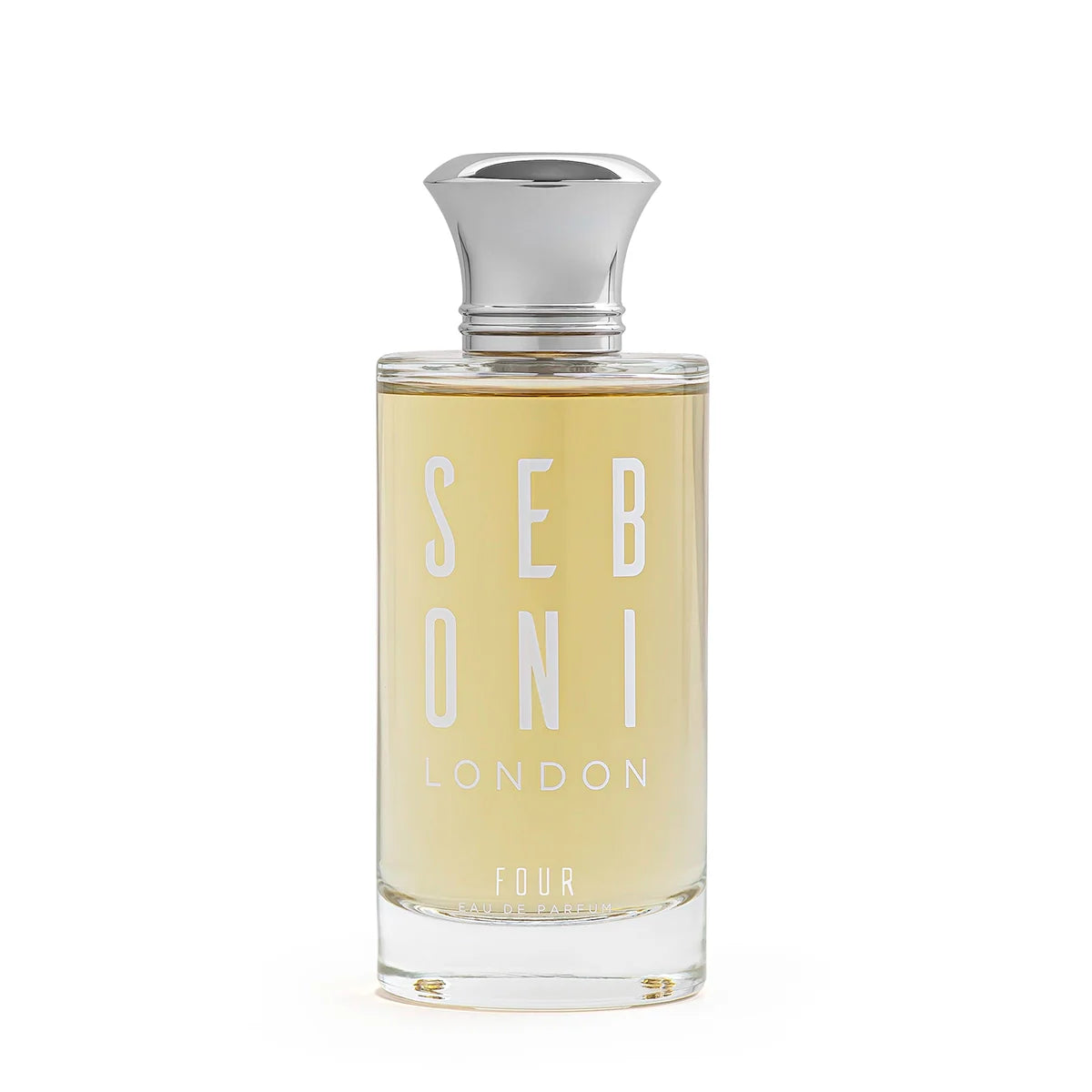 Seboni London Four Eau de Parfum in a clear glass bottle with warm golden liquid and a polished silver cap on a clean white background