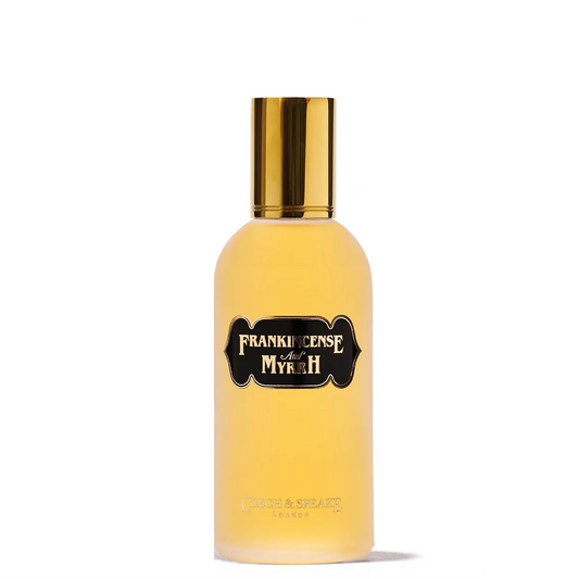 Czech & Speake Frankincense and Myrrh Eau de Parfum frosted amber glass fragrance bottle with gold cap, luxury niche perfume inspired by warm resinous incense and oriental aromatic notes