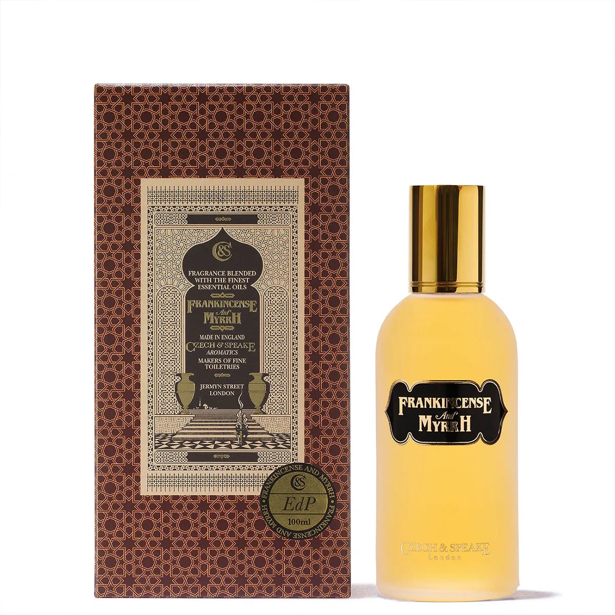 Czech & Speake Frankincense and Myrrh Eau de Parfum with decorative oriental box and frosted amber glass bottle, luxury niche fragrance inspired by rich incense, resin, and warm aromatic notes