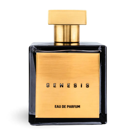 Genesis Eau de Parfum by House of Brandt luxury black and gold perfume bottle, elegant unisex fragrance in glossy black glass with gold cap and plaque