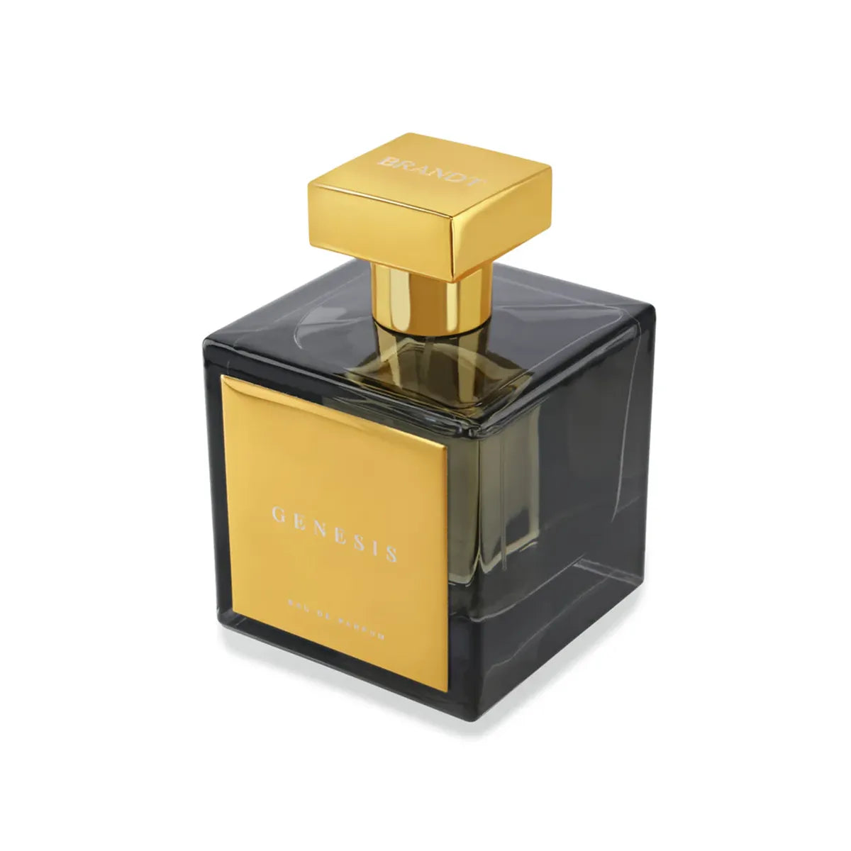Genesis Eau de Parfum by House of Brandt angled view of luxury black glass perfume bottle with gold cap and plaque, sophisticated unisex fragrance on white background