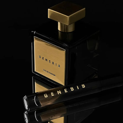 Genesis Eau de Parfum by House of Brandt luxury black and gold perfume bottle with matching travel spray, elegant unisex fragrance on black reflective background