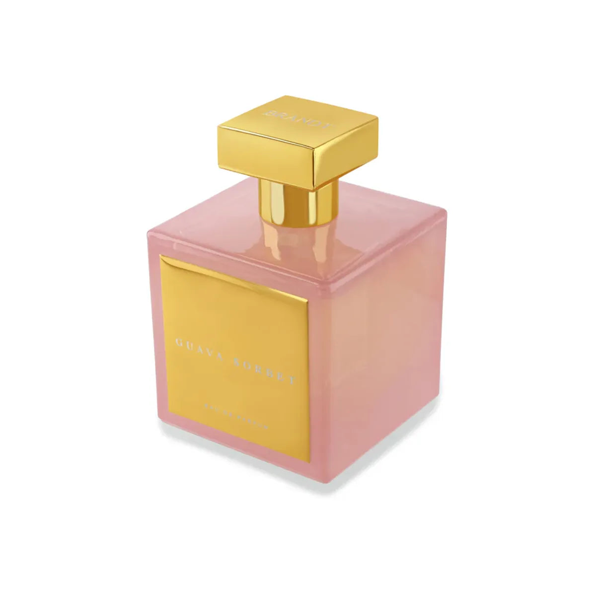 Guava Sorbet Eau de Parfum by House of Brandt pink square perfume bottle with gold cap and metallic plaque angled luxury fragrance product shot