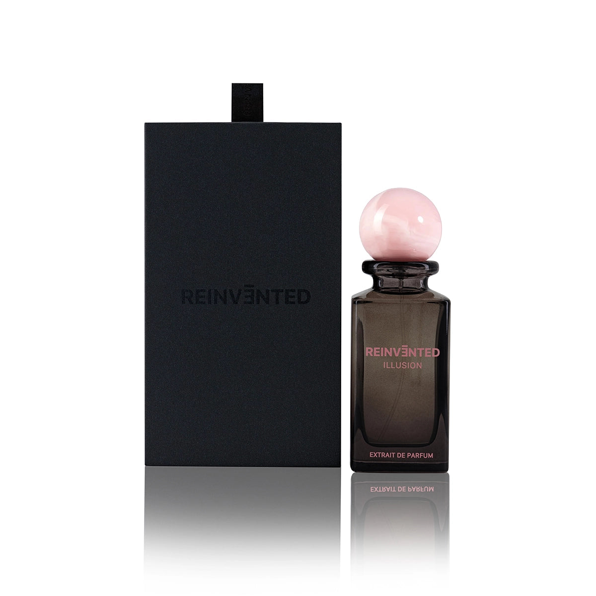 Reinvented Illusion Extrait de Parfum with pink marble cap and luxury black box packaging niche fragrance