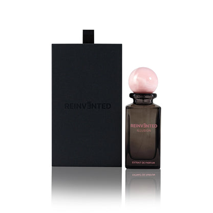 Reinvented Illusion Extrait de Parfum with pink marble cap and luxury black box packaging niche fragrance