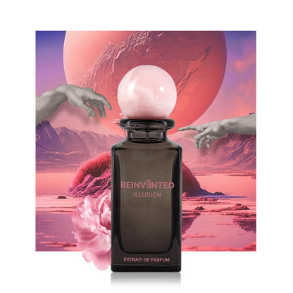 Reinvented Illusion Extrait de Parfum artistic niche fragrance with pink marble cap against surreal pink landscape background
