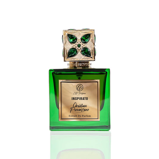 Christian Provenzano Inspirato Extrait de Parfum green glass bottle with gold label and ornate gem-studded cap