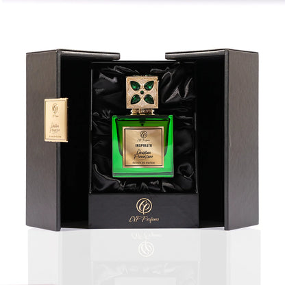 Christian Provenzano Inspirato Extrait de Parfum displayed in luxury black presentation box with satin lining