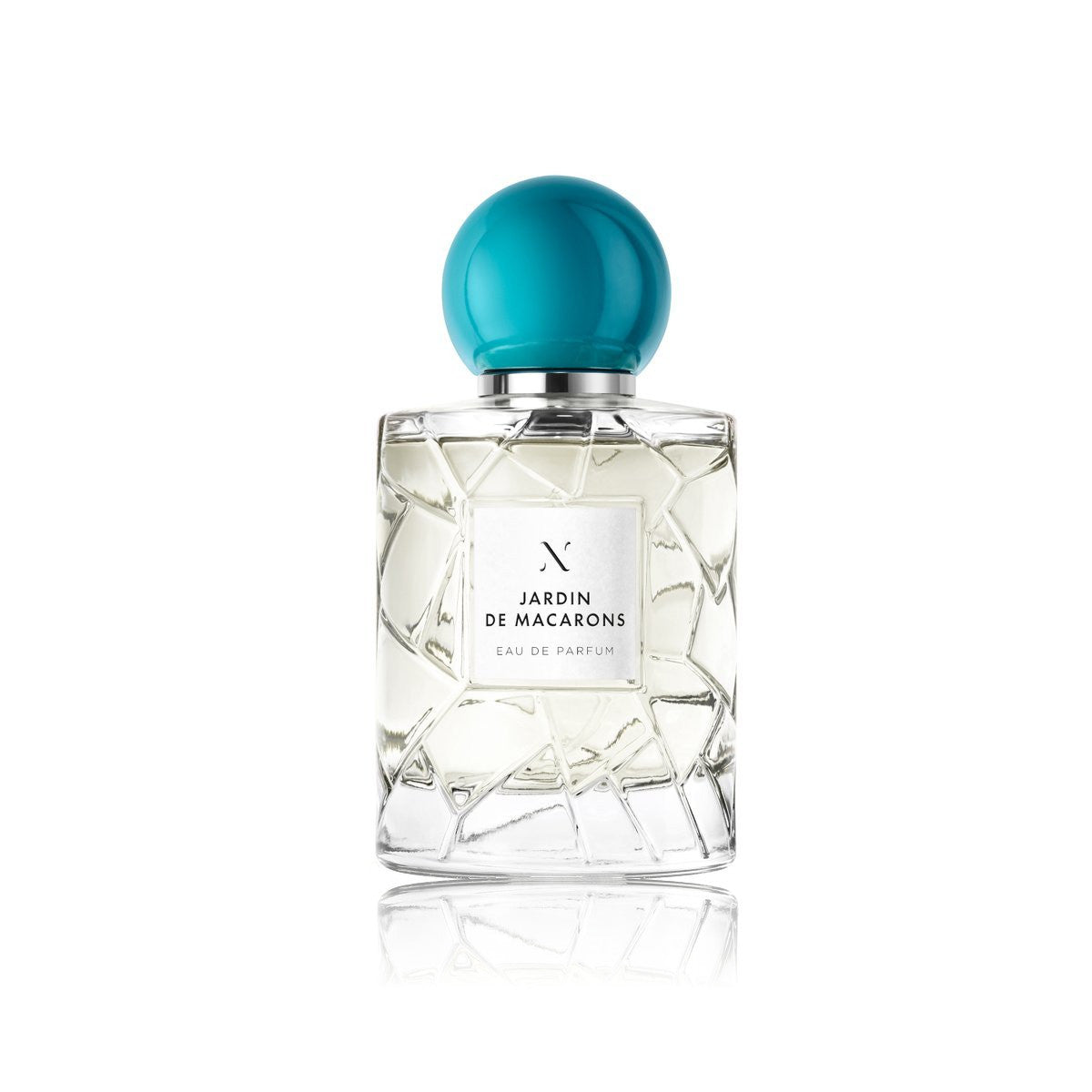 Jardin de Macarons Eau de Parfum by Les Sœurs de Noé luxury glass perfume bottle with turquoise cap isolated on white background