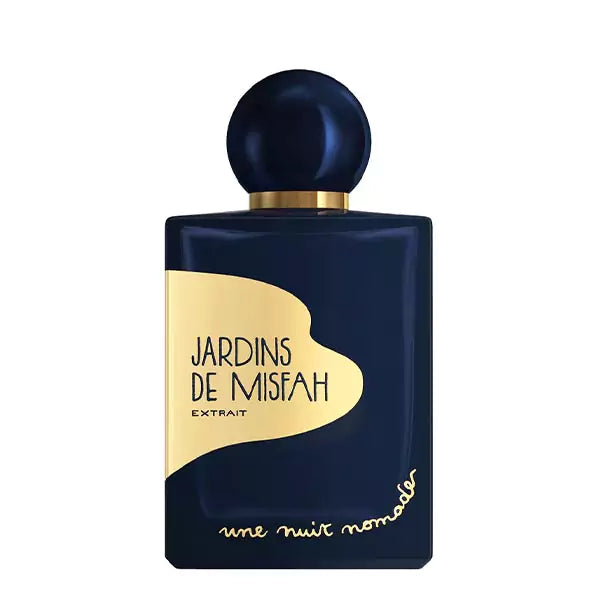 Une Nuit Nomade Jardins de Misfah Extrait perfume in deep navy bottle with gold label and spherical cap, luxurious niche fragrance inspired by date gardens, warm spices, and rich oriental gourmand notes