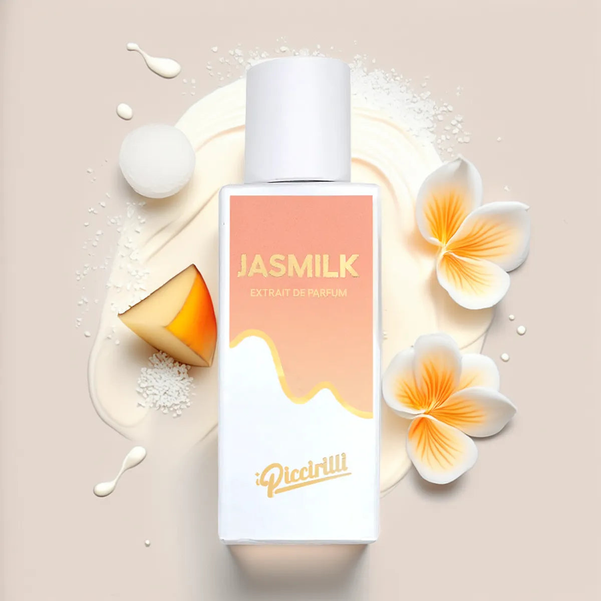 Jasmilk Extrait de Parfum by iPiccirilli fragrance bottle surrounded by jasmine flowers, milk cream texture, and soft sweet notes