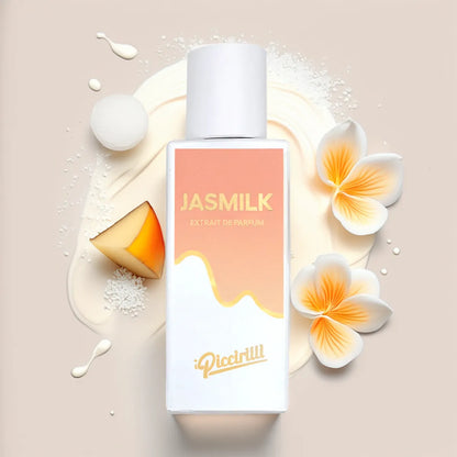 Jasmilk Extrait de Parfum by iPiccirilli fragrance bottle surrounded by jasmine flowers, milk cream texture, and soft sweet notes